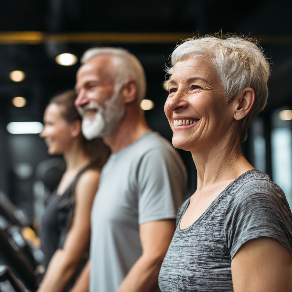 Happy middle-aged Ukrainian man and woman exercising together with dumbbells in a modern fitness environment, showing strength and determination