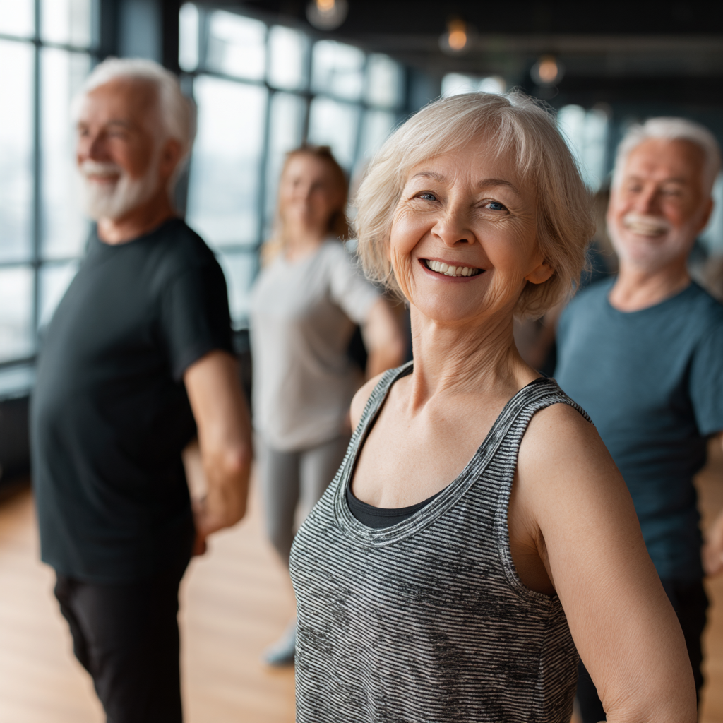 Diverse group of Ukrainian adults of different ages performing strength exercises in a well-equipped gym, demonstrating proper form and technique