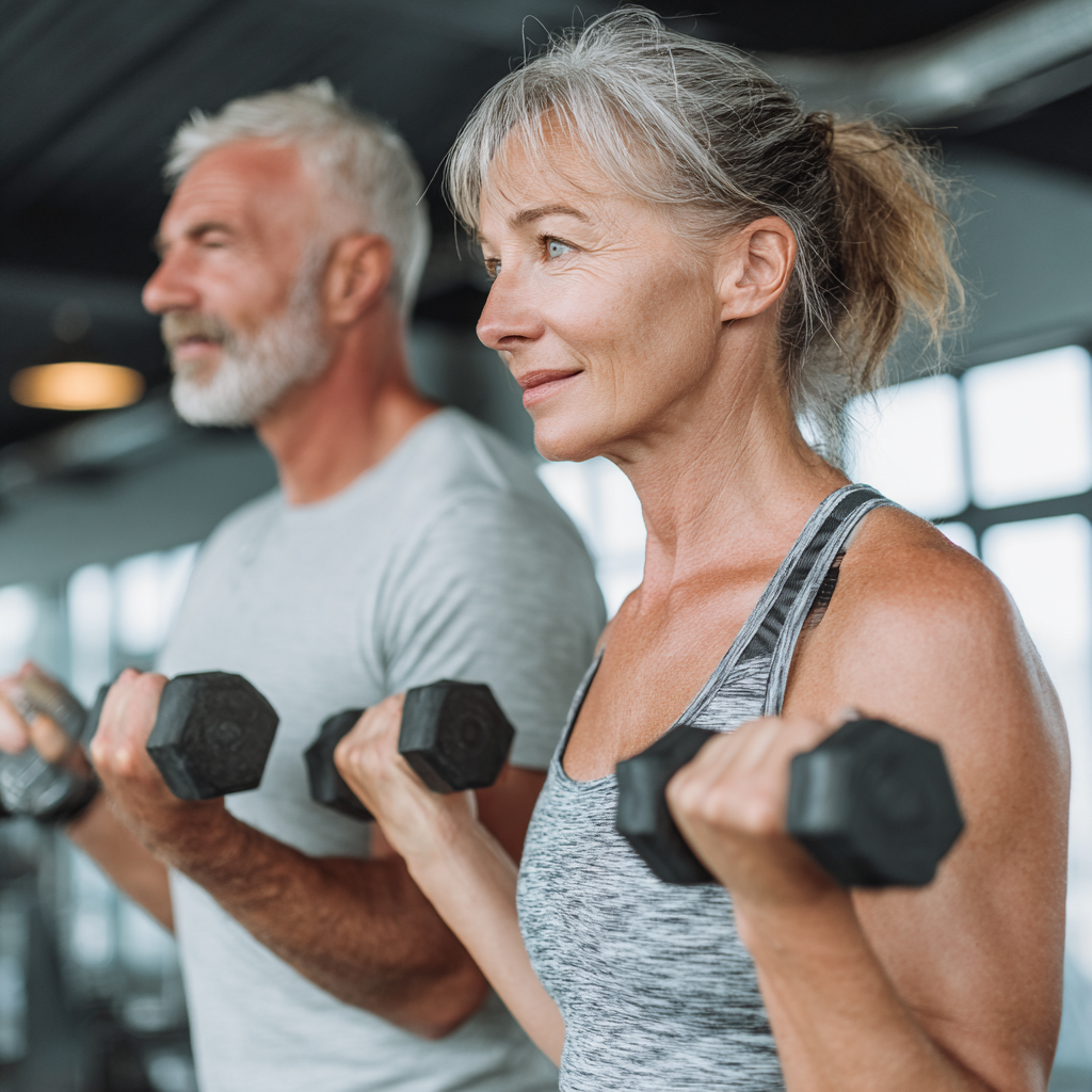 Confident Ukrainian adults in their 50s and 60s showcasing improved posture and strength after completing fitness program, radiating health and vitality